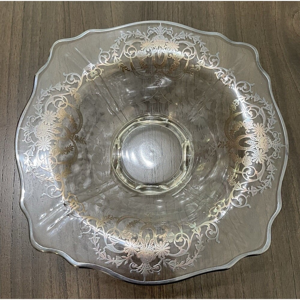 Vintage Glass Sterling Silver Overlay Scalloped Edge Footed Console Bowl 10”